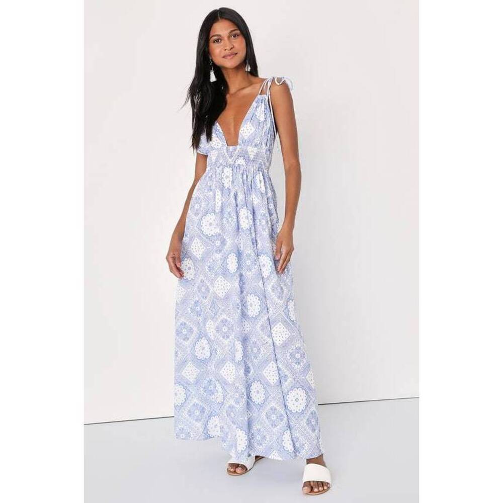 Lulus Spanish Sojourn White And Blue Paisley Tie-strap Maxi Dress - Size S